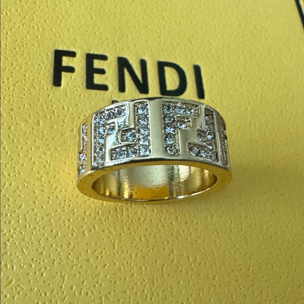 Fendi Gold-Tone Pavé FF Wide Band Ring